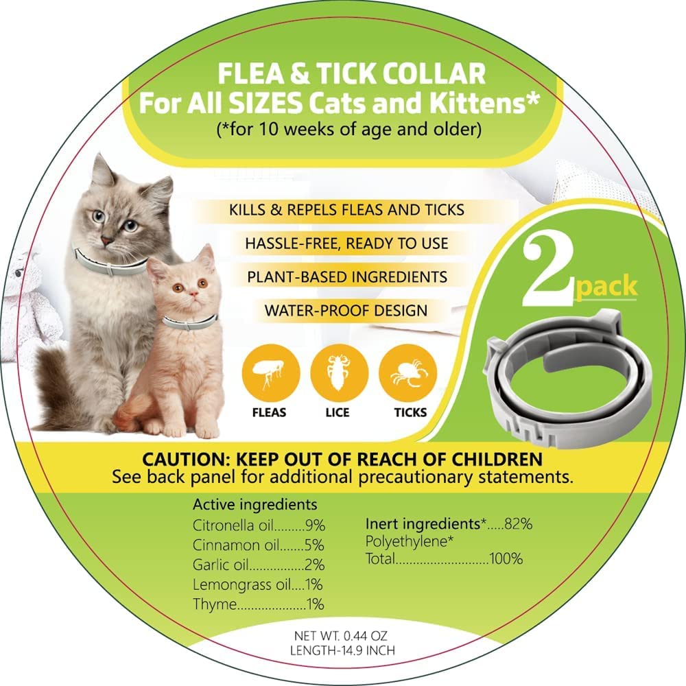 Flea and Tick Collar for Cats, Natural Plant-Based Ingredients for Treatment and Prevention, Safe and Waterproof, with Free Flea Comb, Tick Tweezer, and Treatment Prevention Drops, (2 Collars)