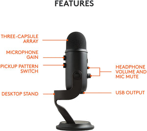 USB Mic for Recording and Streaming on PC and Mac, Blue VO!CE effects, 4 Pickup Patterns, Headphone Output and Volume Control, Mic Gain Control, Adjustable Stand, Plug and Play – Blackout