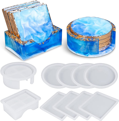 Silicone Coaster Molds, Resin Coaster Molds Kit with 10pcs Square and Round Coaster Molds Set, Upgrade Coaster Holder Epoxy Resin Molds for Resin Casting, Cups Mats, Home Decoration
